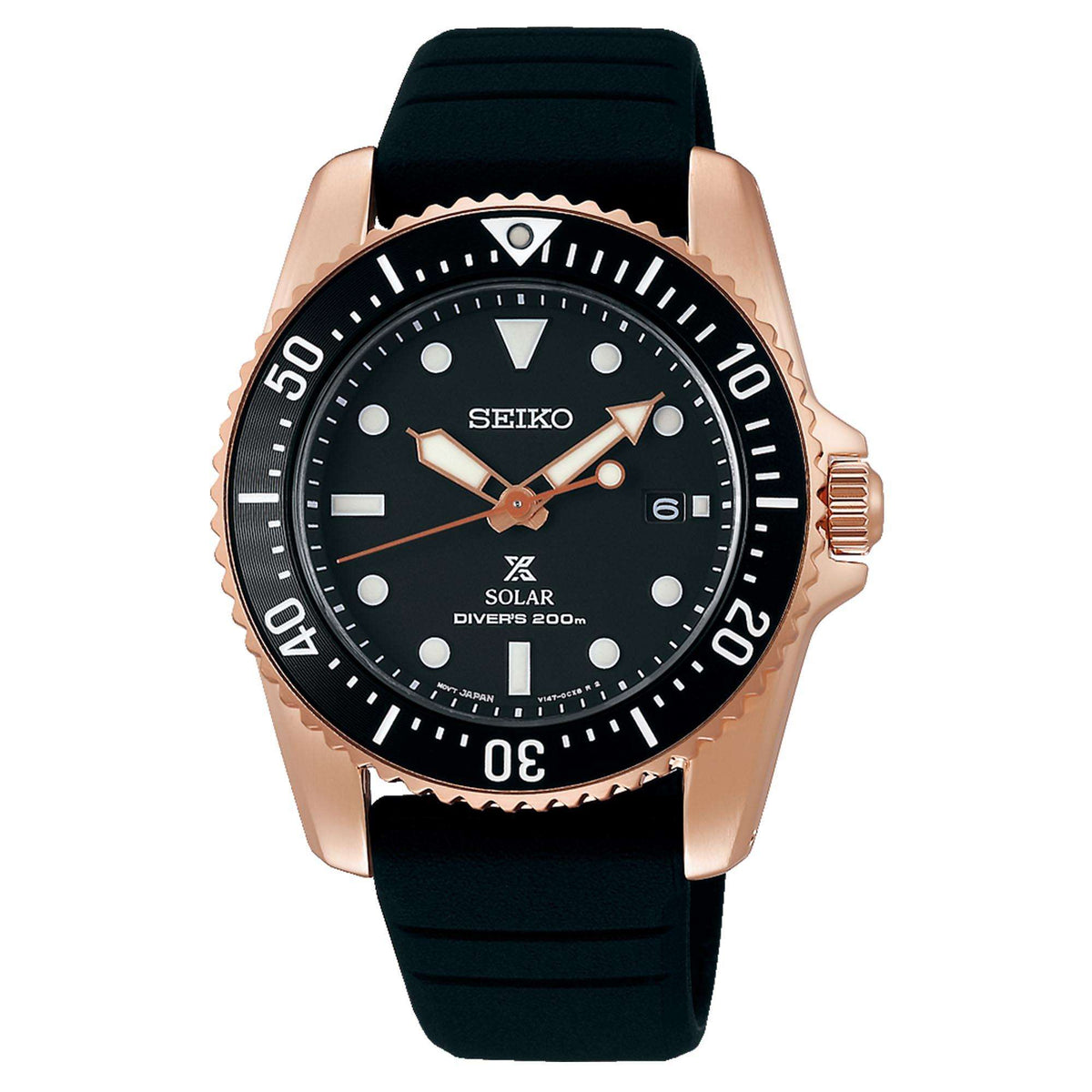 Men's dive watch with black dial, rose-gold bezel, and black silicone rubber strap