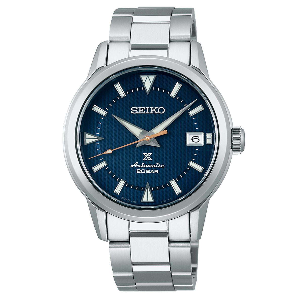 Men's stainless steel automatic watch with blue dial, metal bracelet, and date window