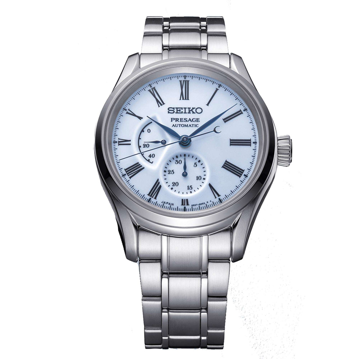 Men's automatic steel bracelet watch with blue dial and Roman numeral hour markers