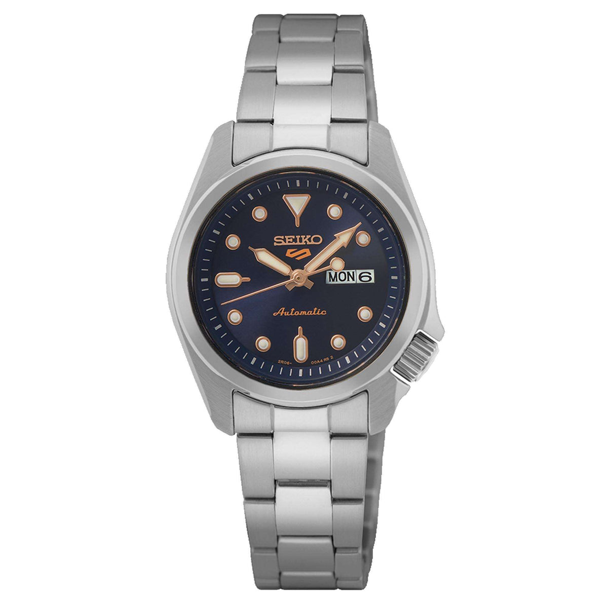 Blue dial automatic ladies watch on metal bracelet, round case