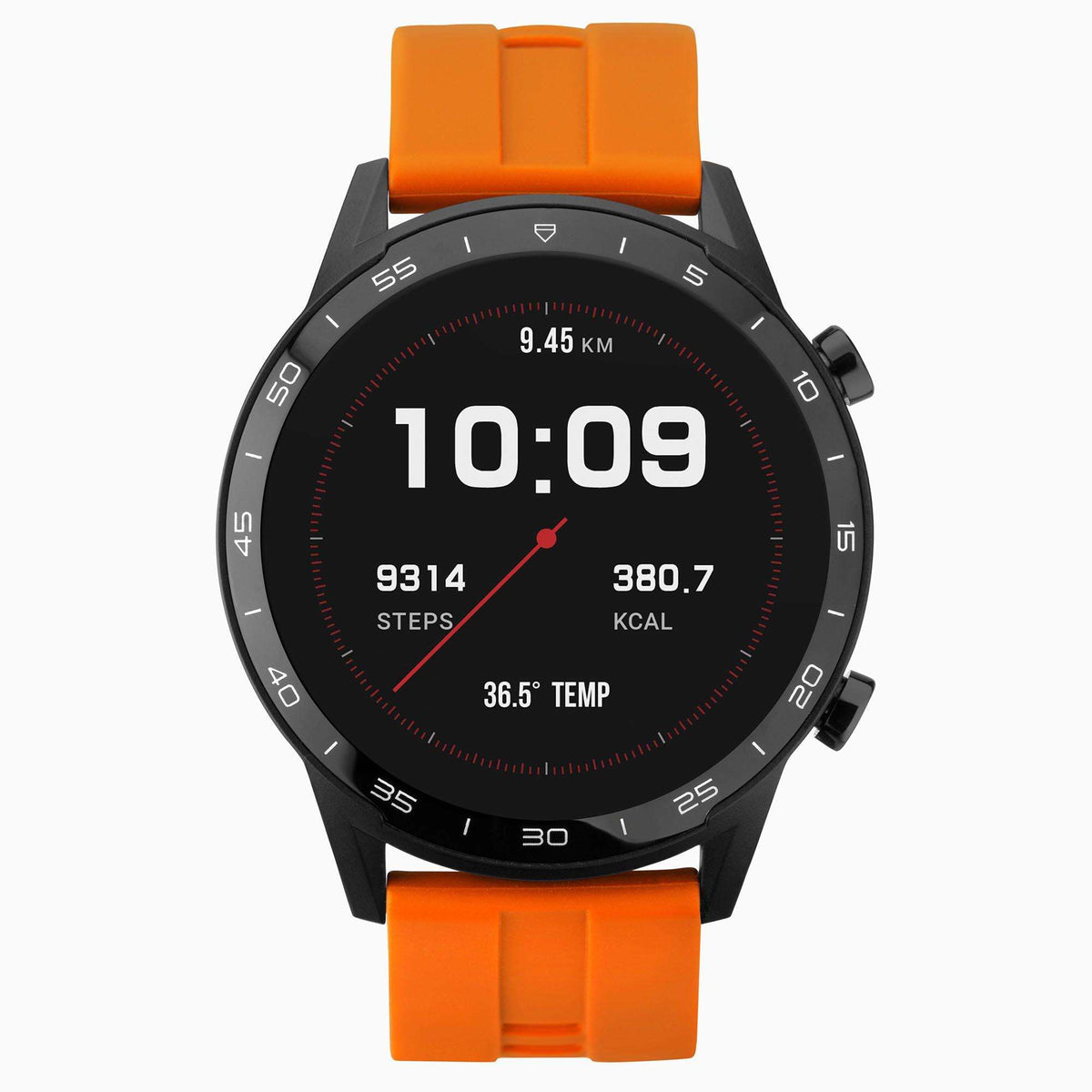 Black smartwatch with orange silicone strap and 10:09 dial with steps, kcal, temp