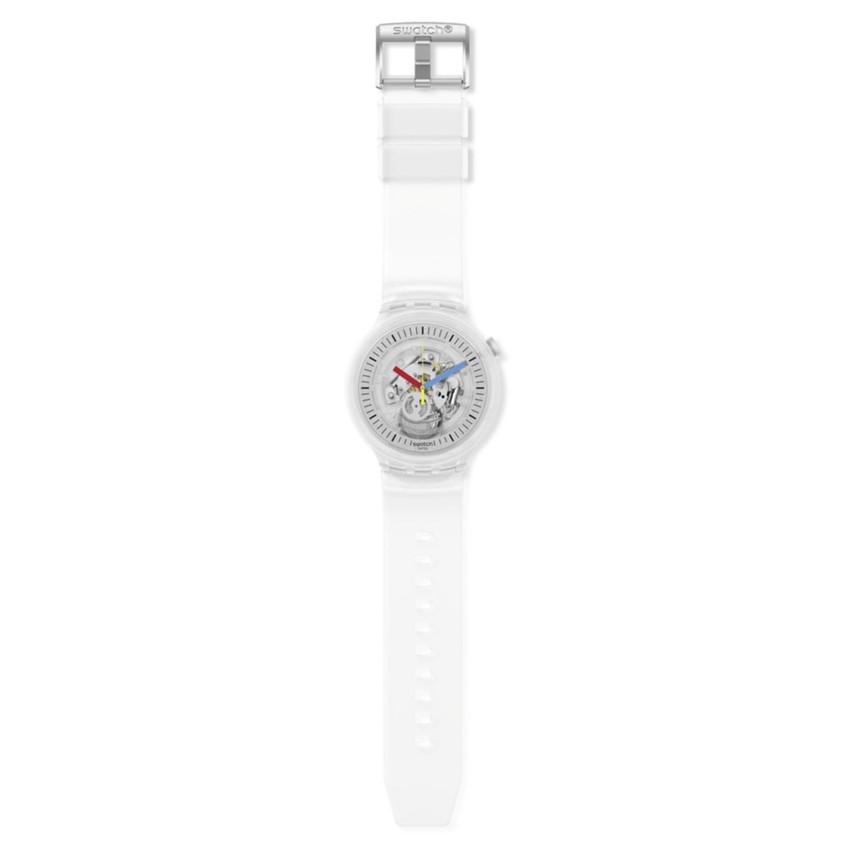 Transparent-strap skeleton watch with small round dial and visible internal gears