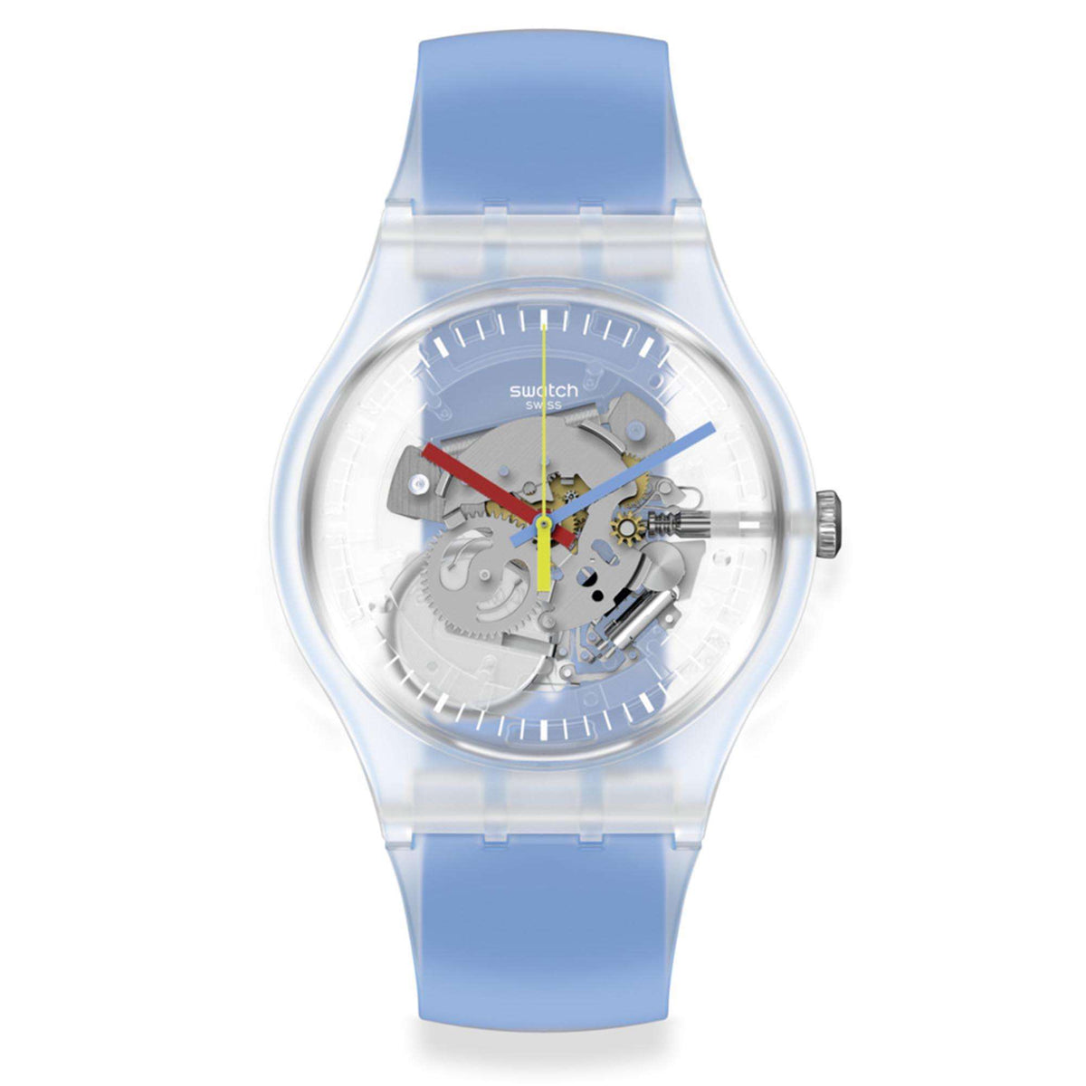 Swatch quartz transparent dial watch, blue silicone strap with clear bezel