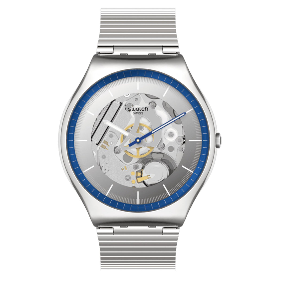 Men's Swatch stainless steel watch featuring blue bezel, skeleton dial, and silver bracelet