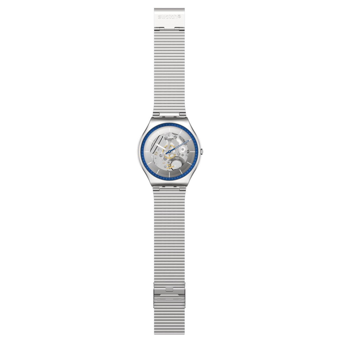 Swatch stainless steel watch with blue bezel and skeleton dial, silver bracelet