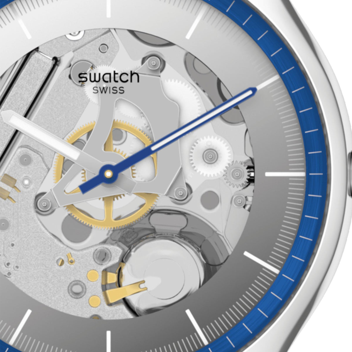 Close-up of Swatch skeleton dial with blue bezel and metal hands on stainless case