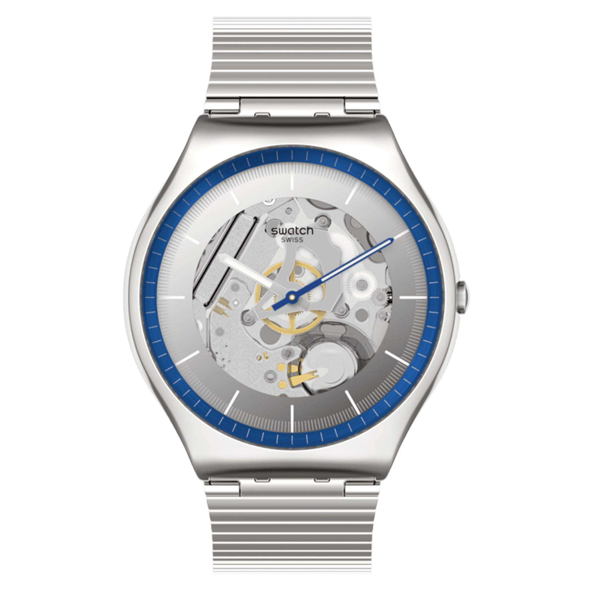 Men's Swatch stainless steel watch with blue ring, skeleton movement dial, silver bracelet
