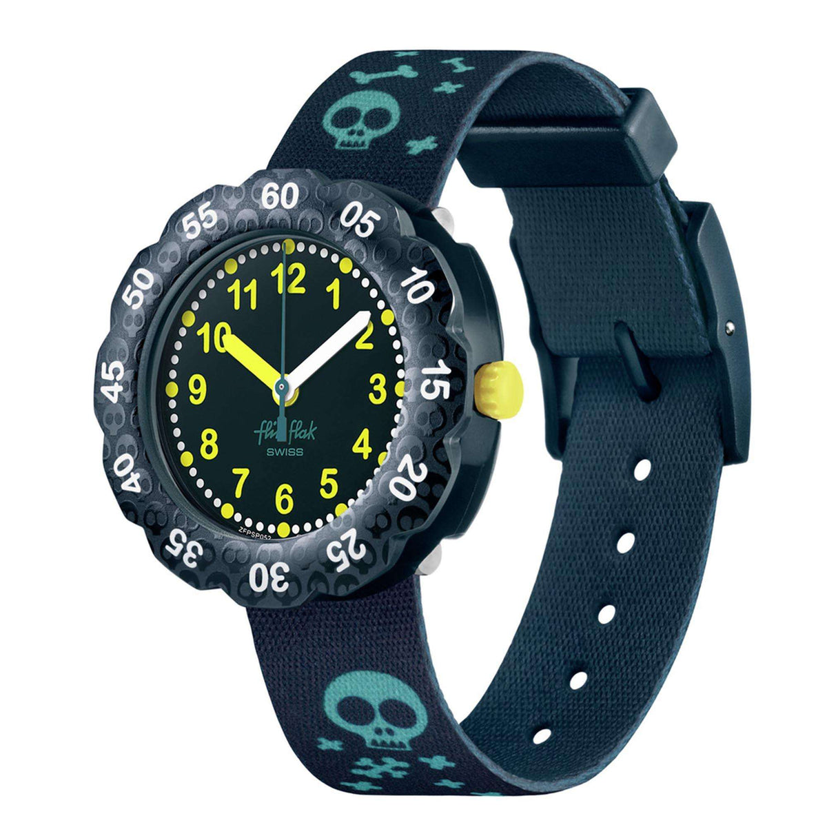 Kids wristwatch with dark green dial, yellow numerals, skull-pattern bezel, and strap buckle