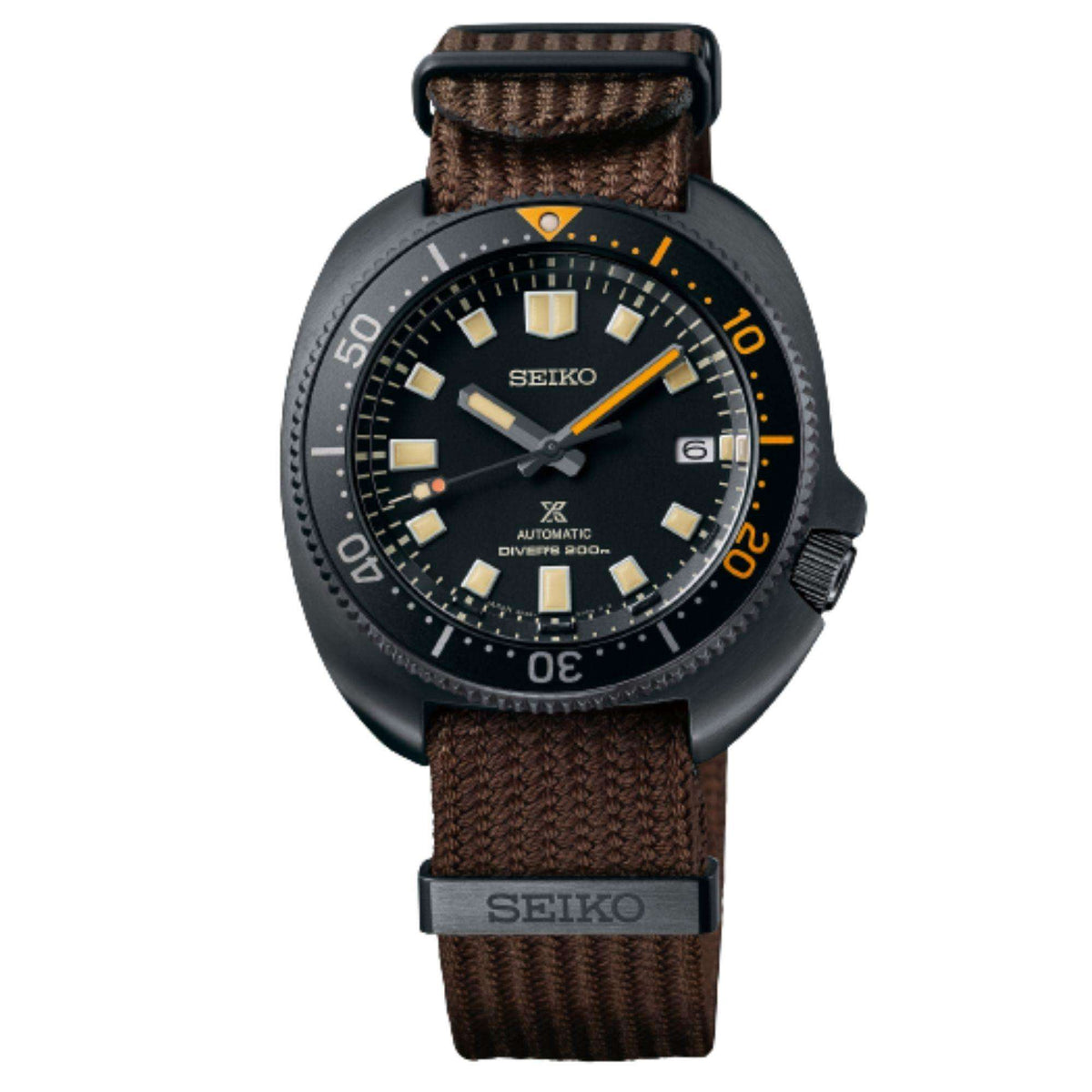 Black dial dive watch with gold hour markers, orange bezel ring, and brown textile strap
