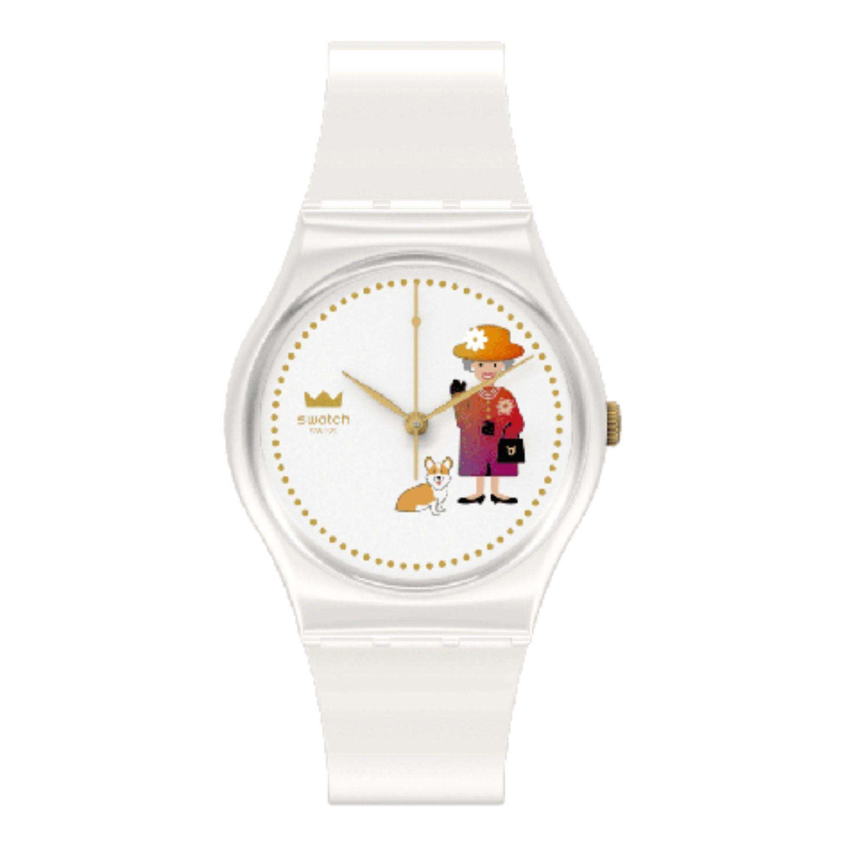White silicone strap watch with cartoon dial, gold-tone hands, and round crown