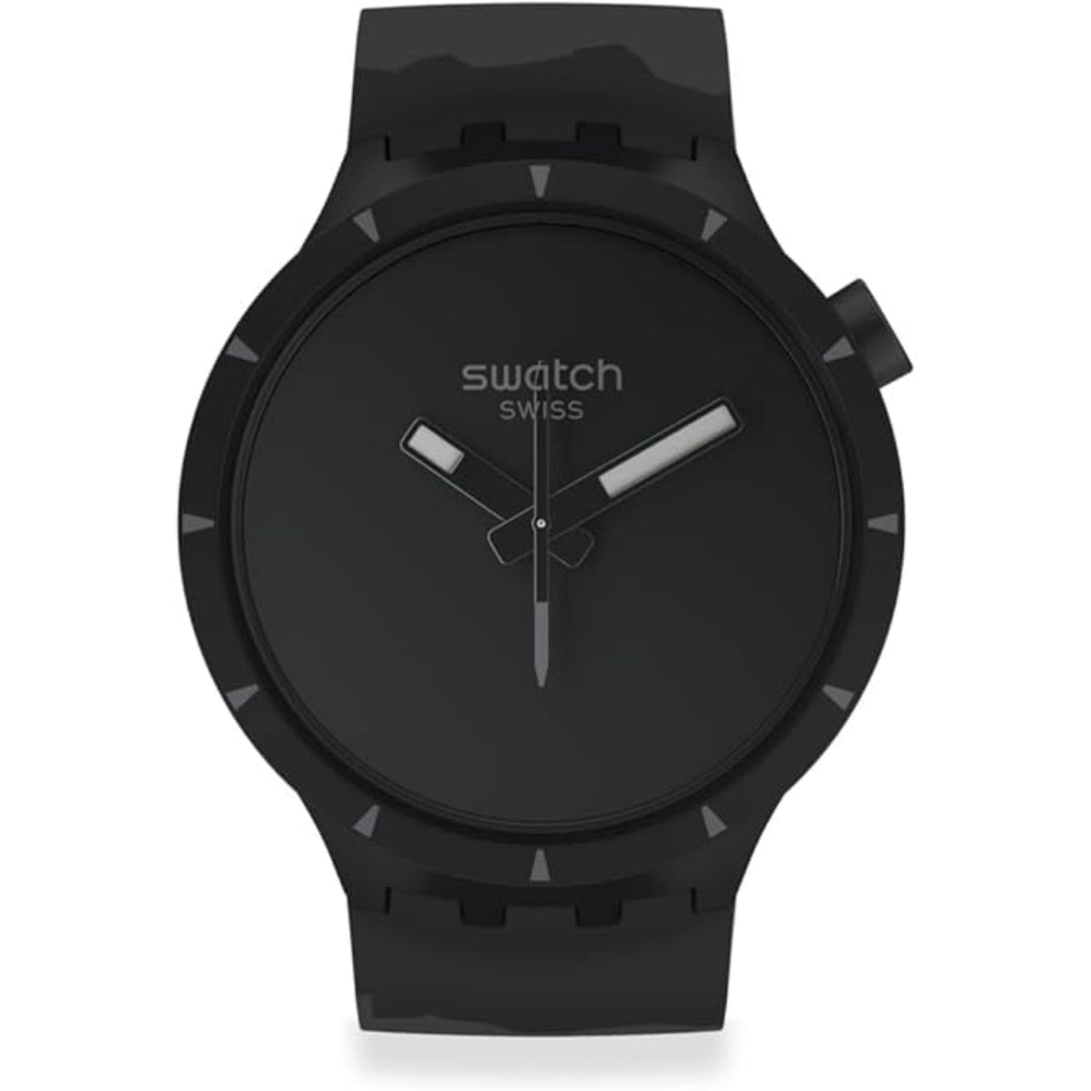 Black dial 3-hand watch with silicone strap and bezel with geometric markers