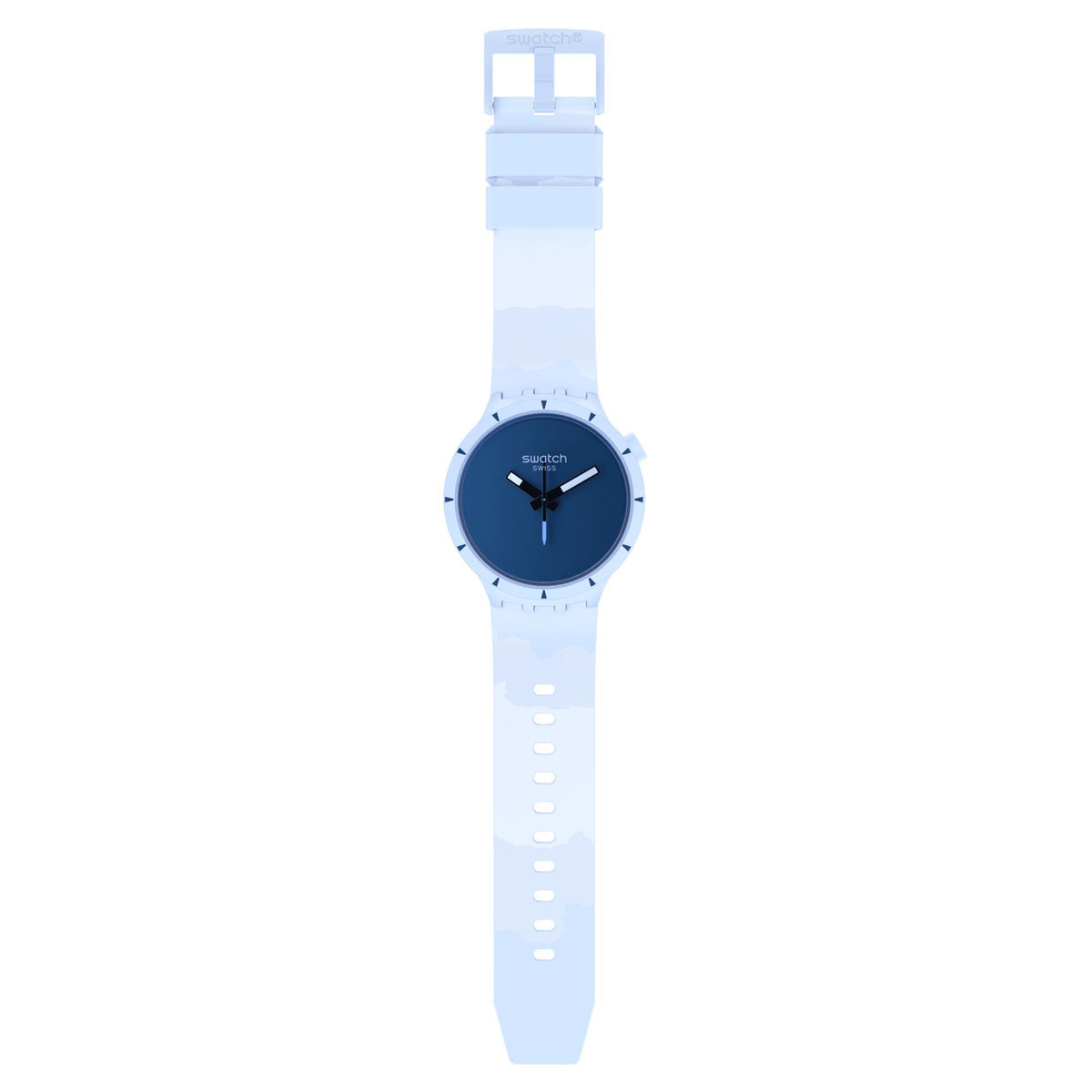 Round blue dial watch on light blue silicone strap, full length view on white