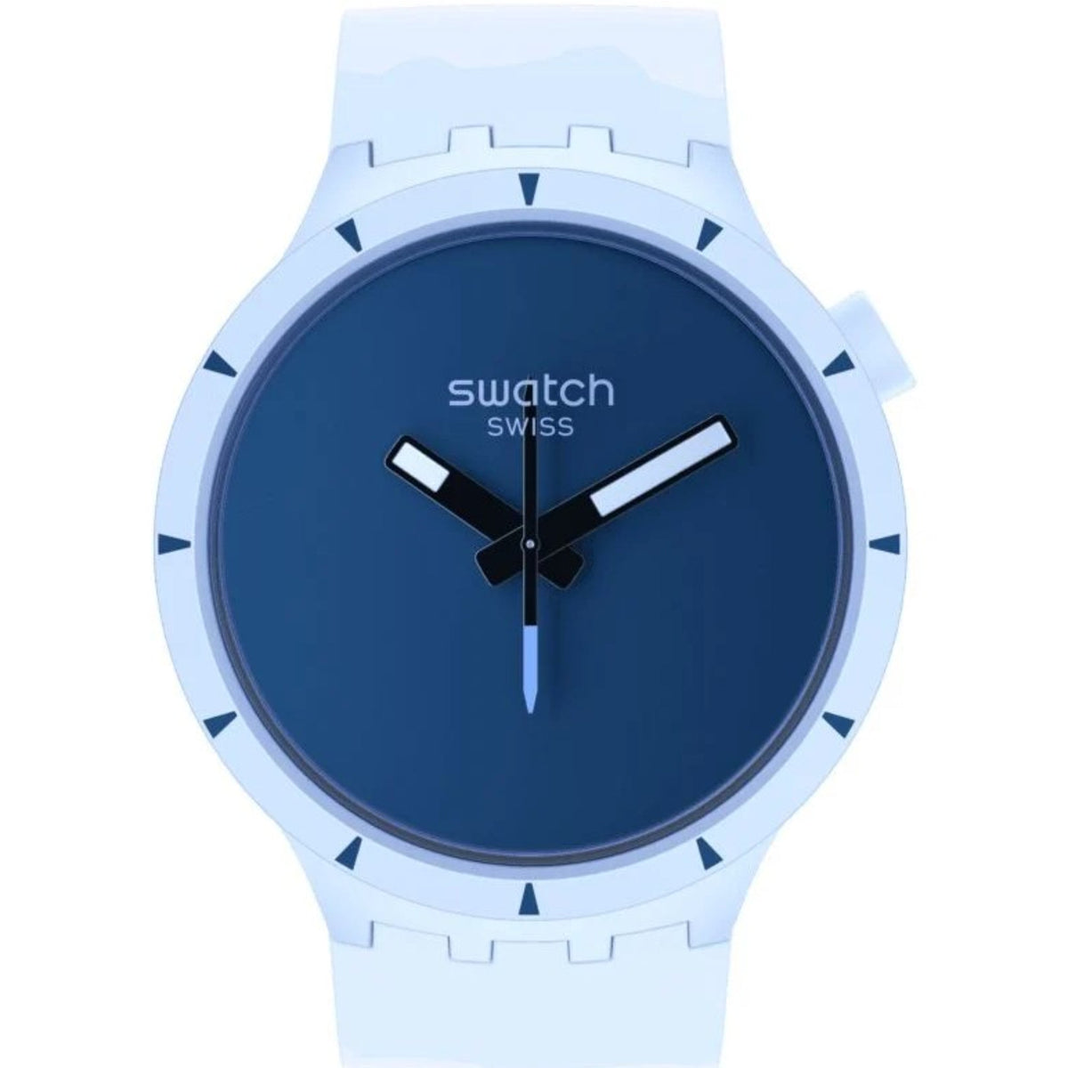 Light blue silicone wristwatch with dark blue dial, silver hands, and bold markers