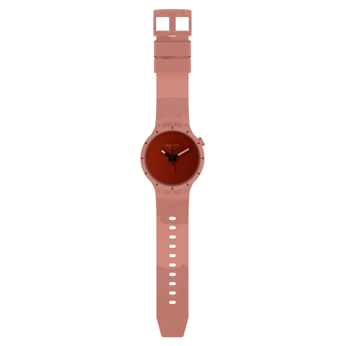 Quartz watch with red dial and light pink silicone strap, side profile
