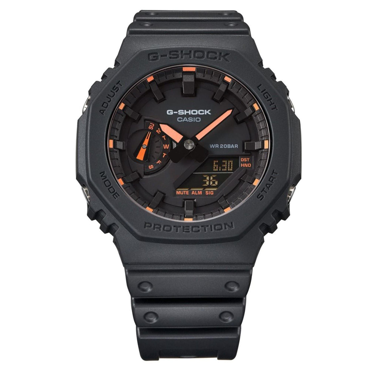 Men's dark grey octagon digital sports watch with orange dial details and silicone strap