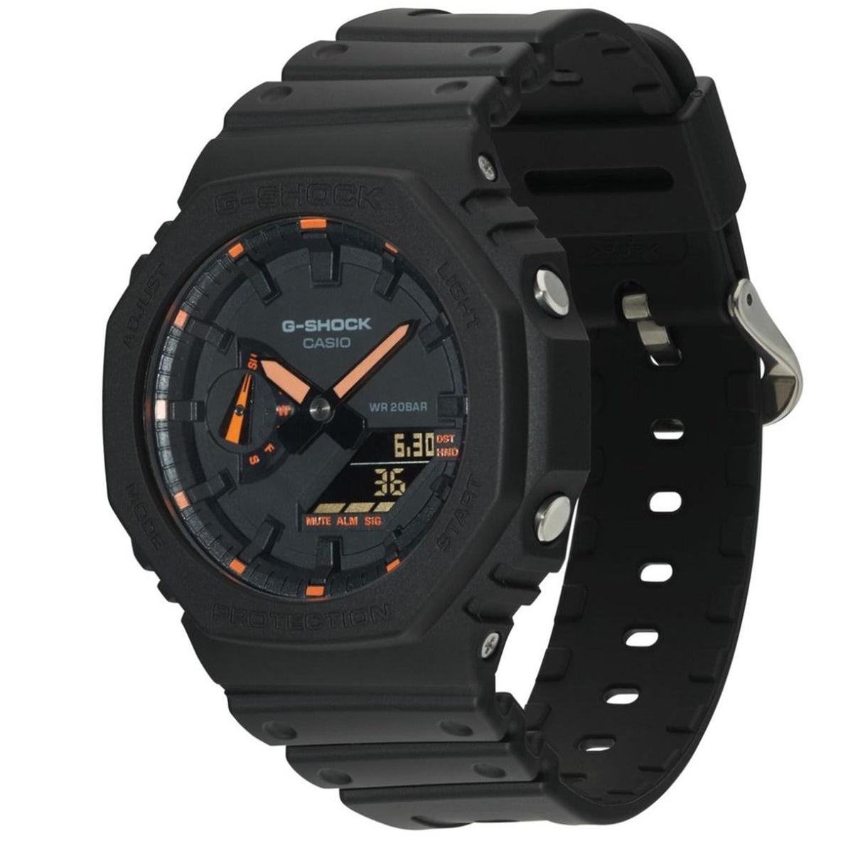 Men's G-Shock quartz watch with dark dial, orange accents, black silicone strap