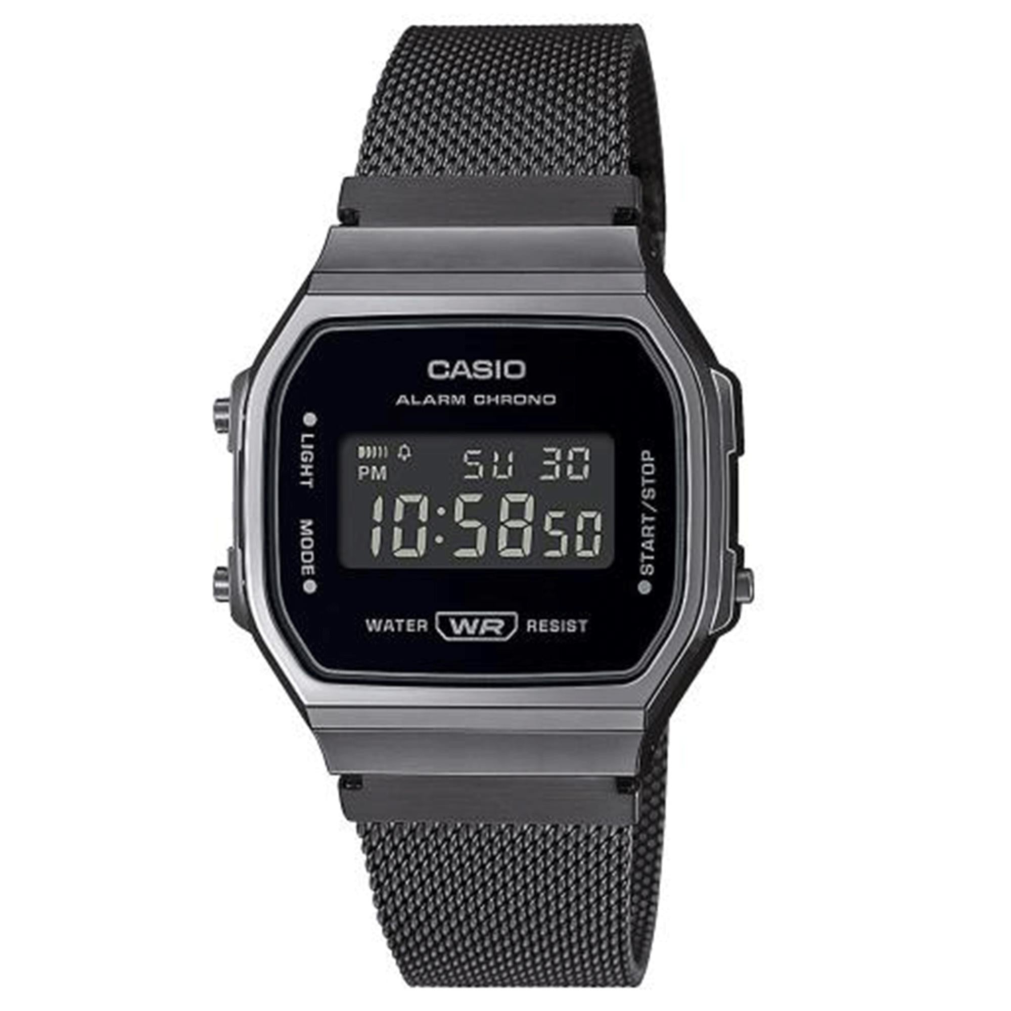 Gunmetal stainless digital watch with black dial, alarm chronograph, mesh strap