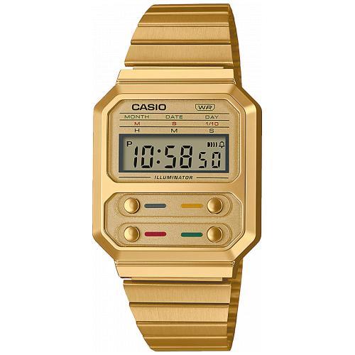 Gold-tone rectangular digital watch on link metal bracelet, LCD screen
