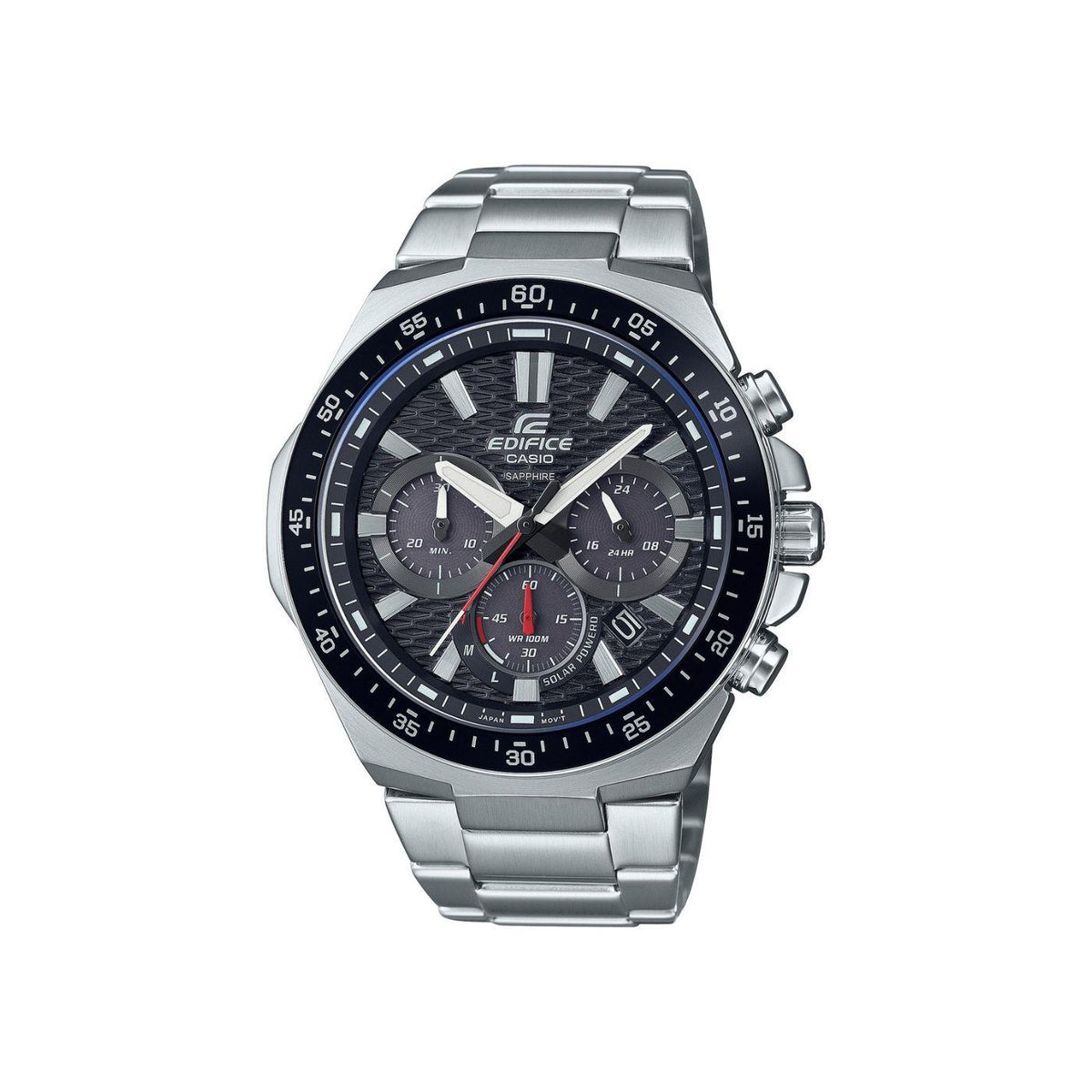 Men’s stainless steel solar chronograph watch front view with black dial and blue bezel ring