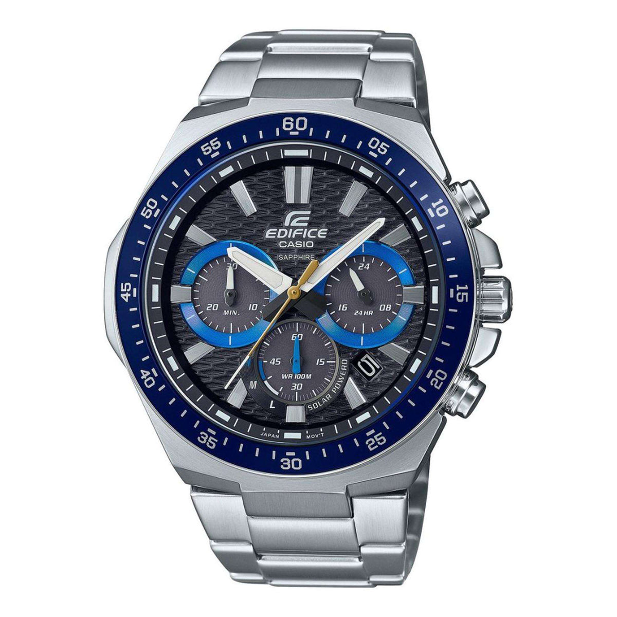 Men's stainless steel solar quartz watch with black dial, blue accents, metal bracelet