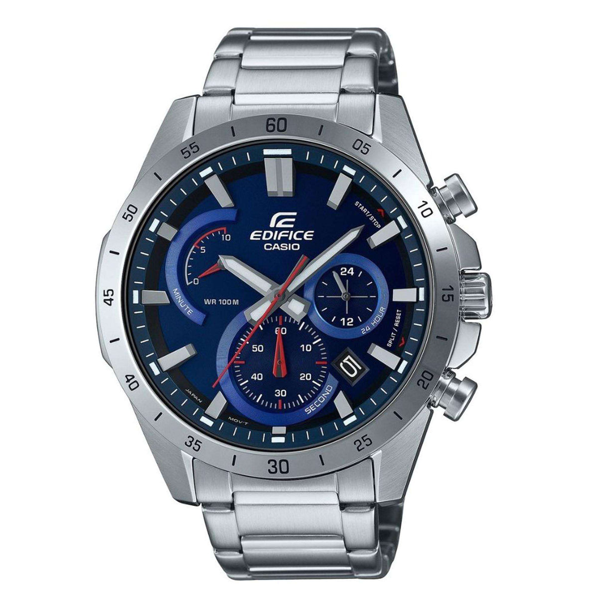 Men's stainless steel quartz watch with blue chronograph dial, side buttons, metal bracelet