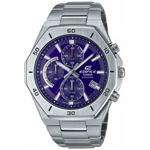 Stainless steel bracelet watch with blue dial and blue bezel markers, three subdials.