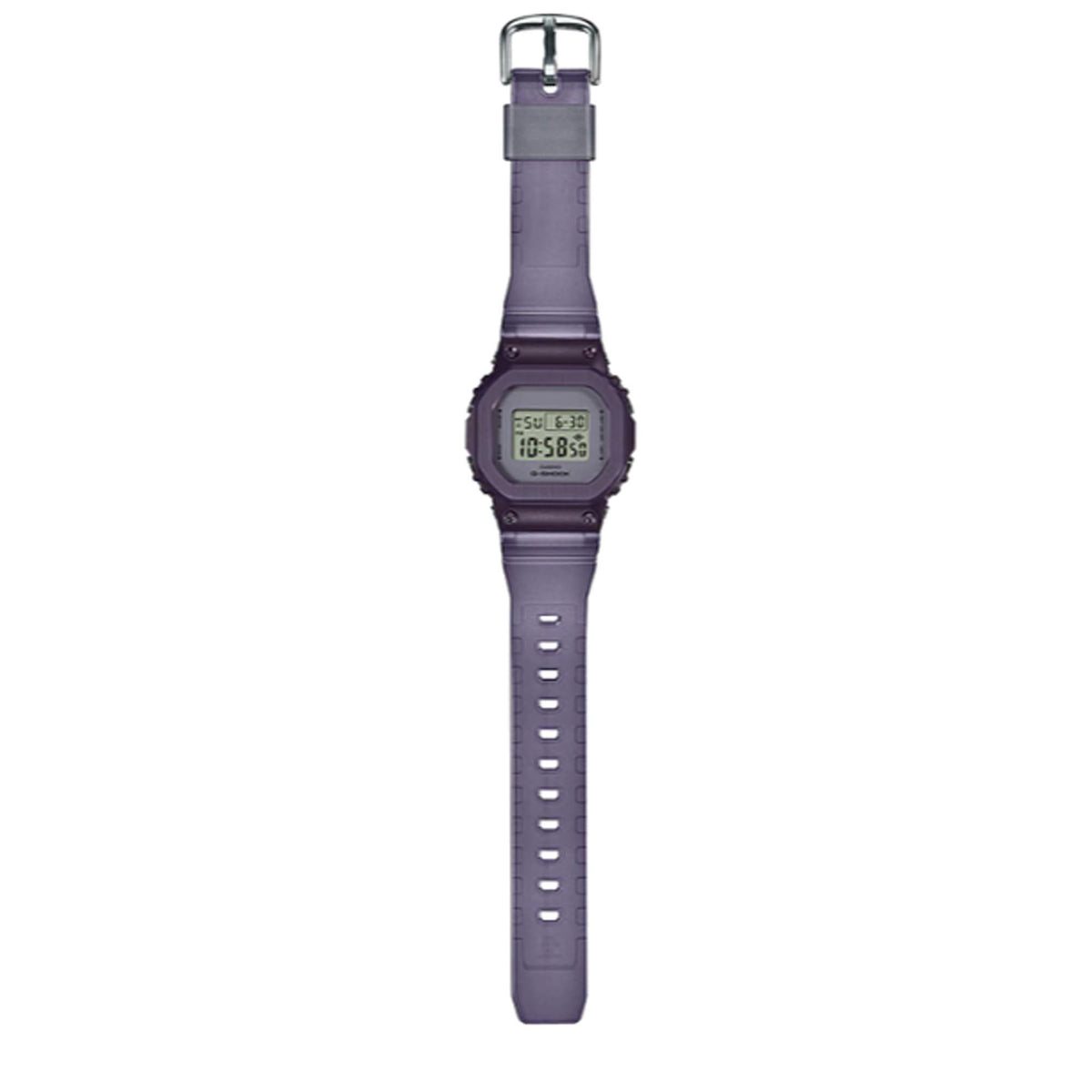 Casio G-Shock digital watch with purple resin strap, upright side view