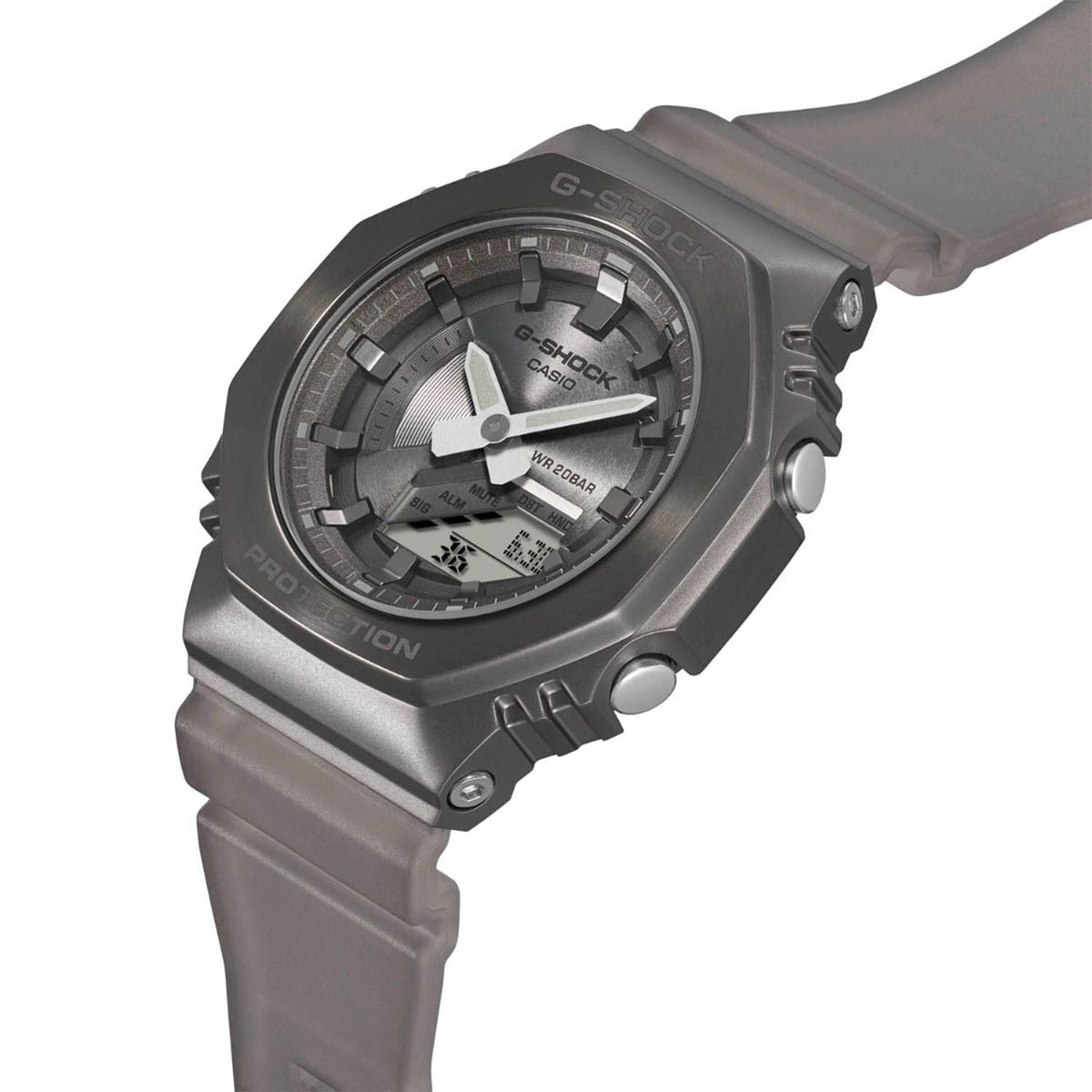 Grey G-Shock quartz watch angled front view with textured bezel and dark dial.
