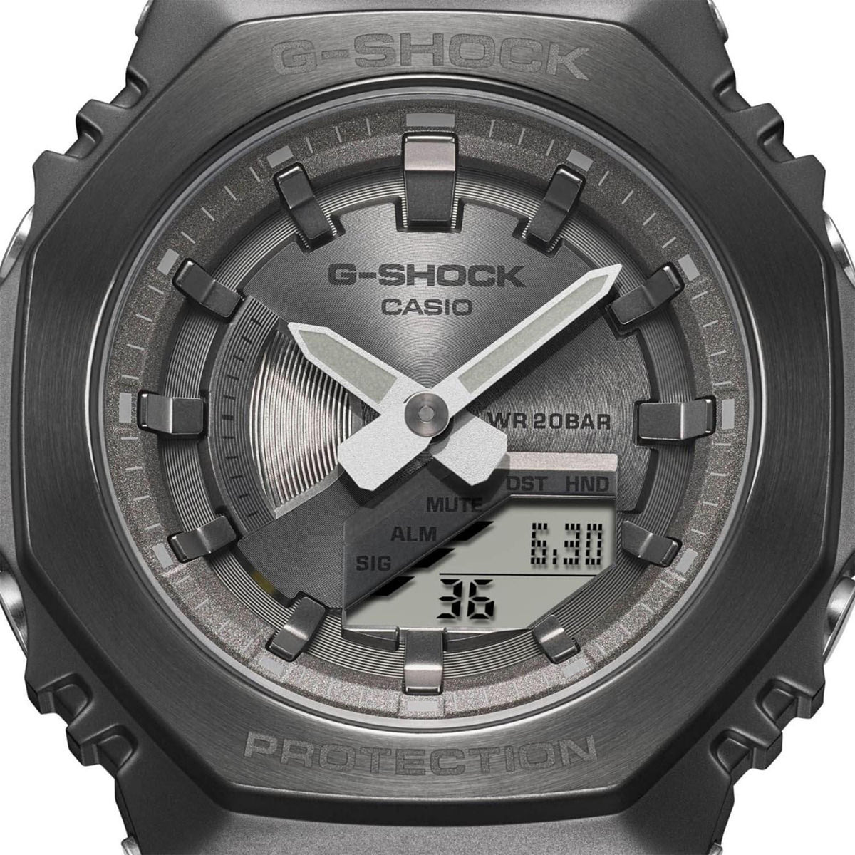 Grey Casio G-Shock quartz watch with textured dark dial, metal bezel, protection branding