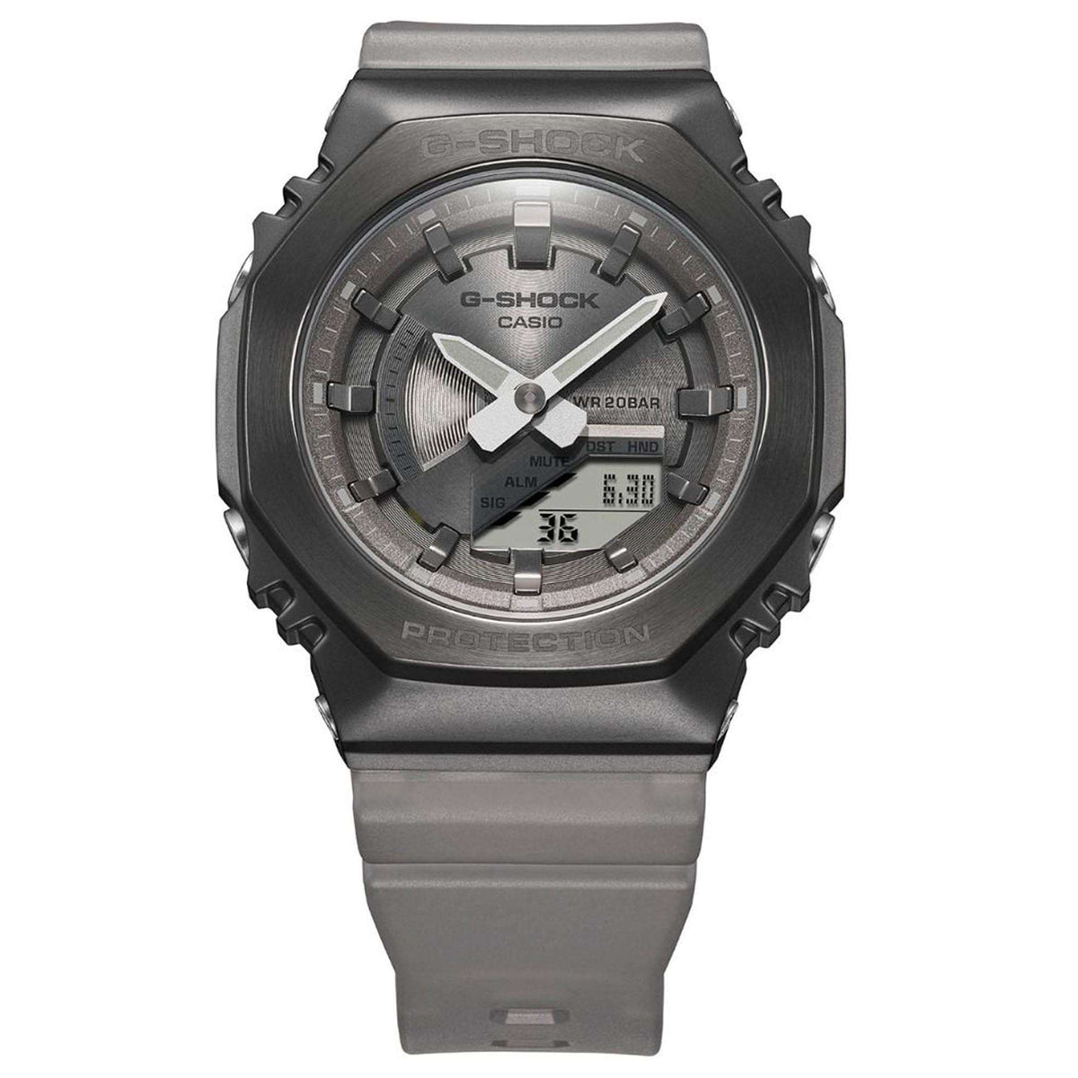 Grey G-Shock quartz watch front view with dark dial, hour markers, and silicone strap.
