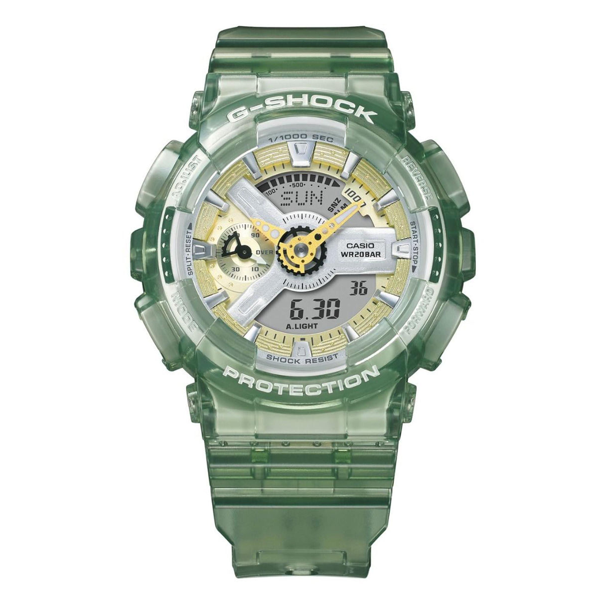 Green G-Shock watch with multi-dial face, translucent green bezel, and silicone strap