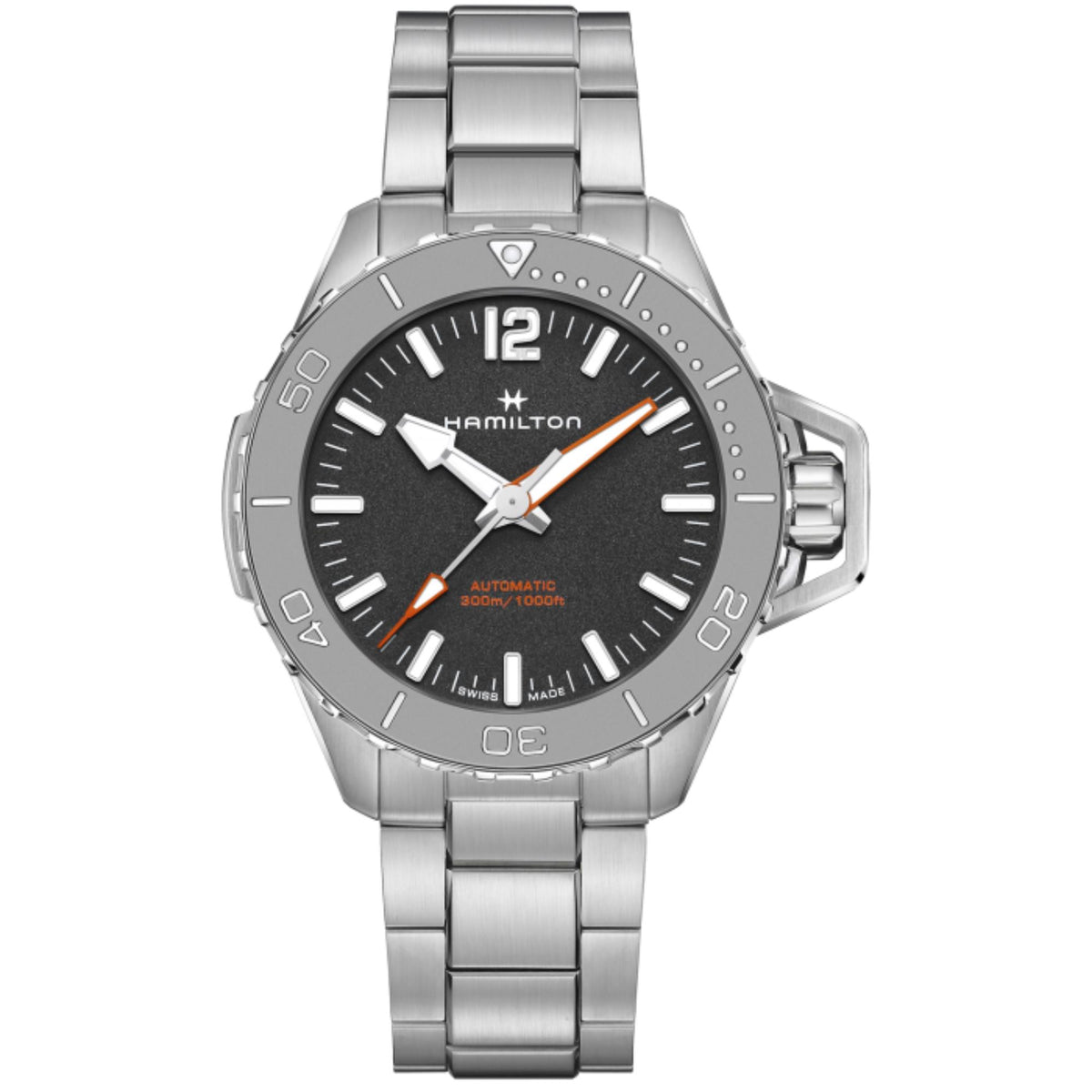Hamilton automatic steel watch with black dial, luminous hour markers, and matching link bracelet