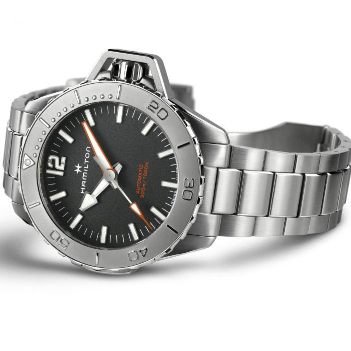 Men’s Hamilton automatic wristwatch in steel with black dial, orange accents, link bracelet