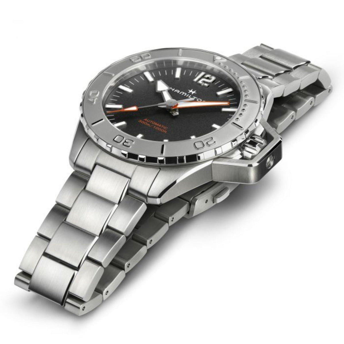Hamilton automatic men’s steel watch, black dial with orange accents, side profile view