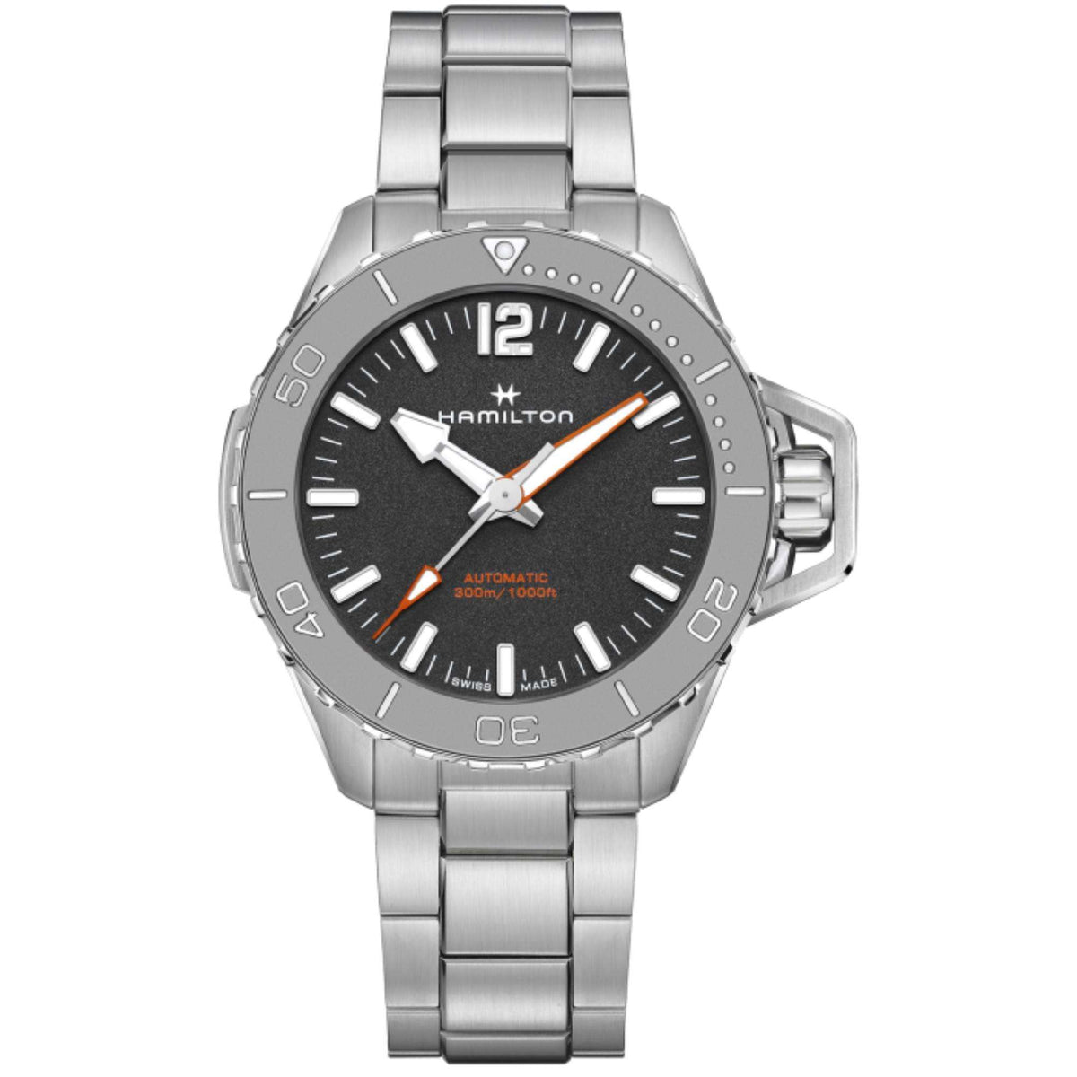 Men’s Hamilton automatic wristwatch with black dial, steel bracelet and date window bezel