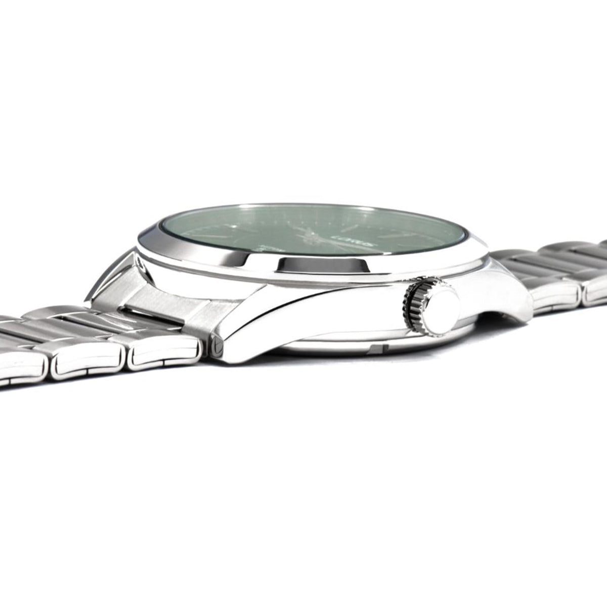 Stainless steel automatic watch angled side view with crown and bracelet links