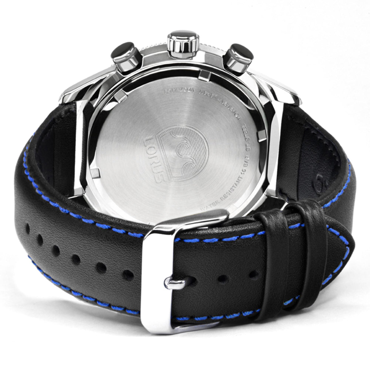 Sport quartz wristwatch leather strap buckle on steel caseback, black with blue stitching