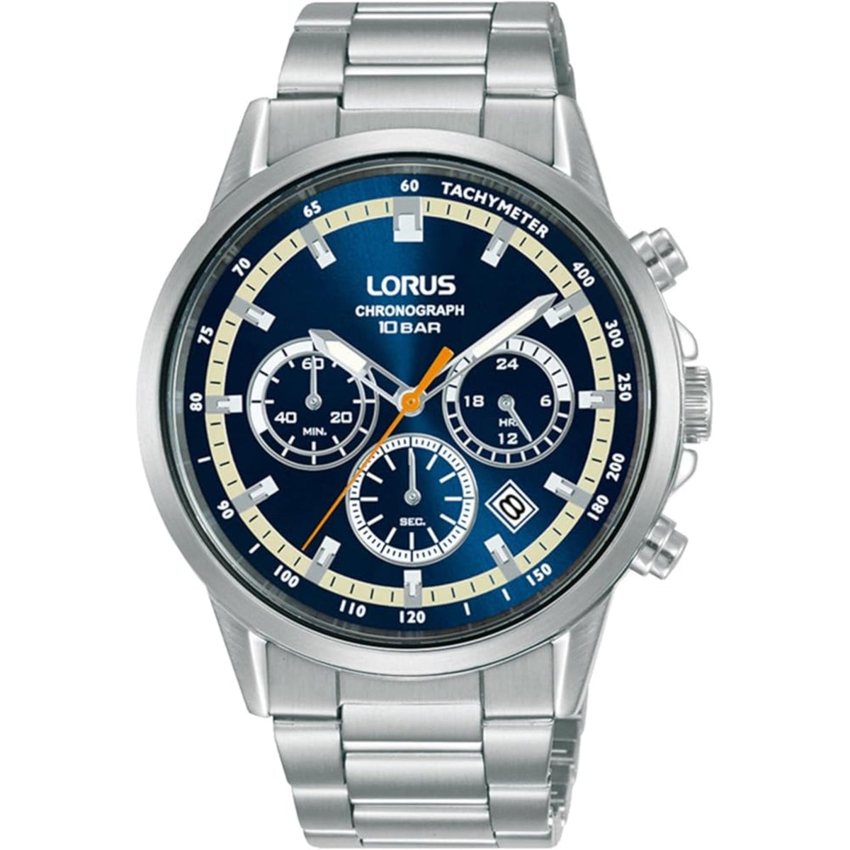 Men's stainless steel chronograph watch with blue dial, date window, tachymeter bezel