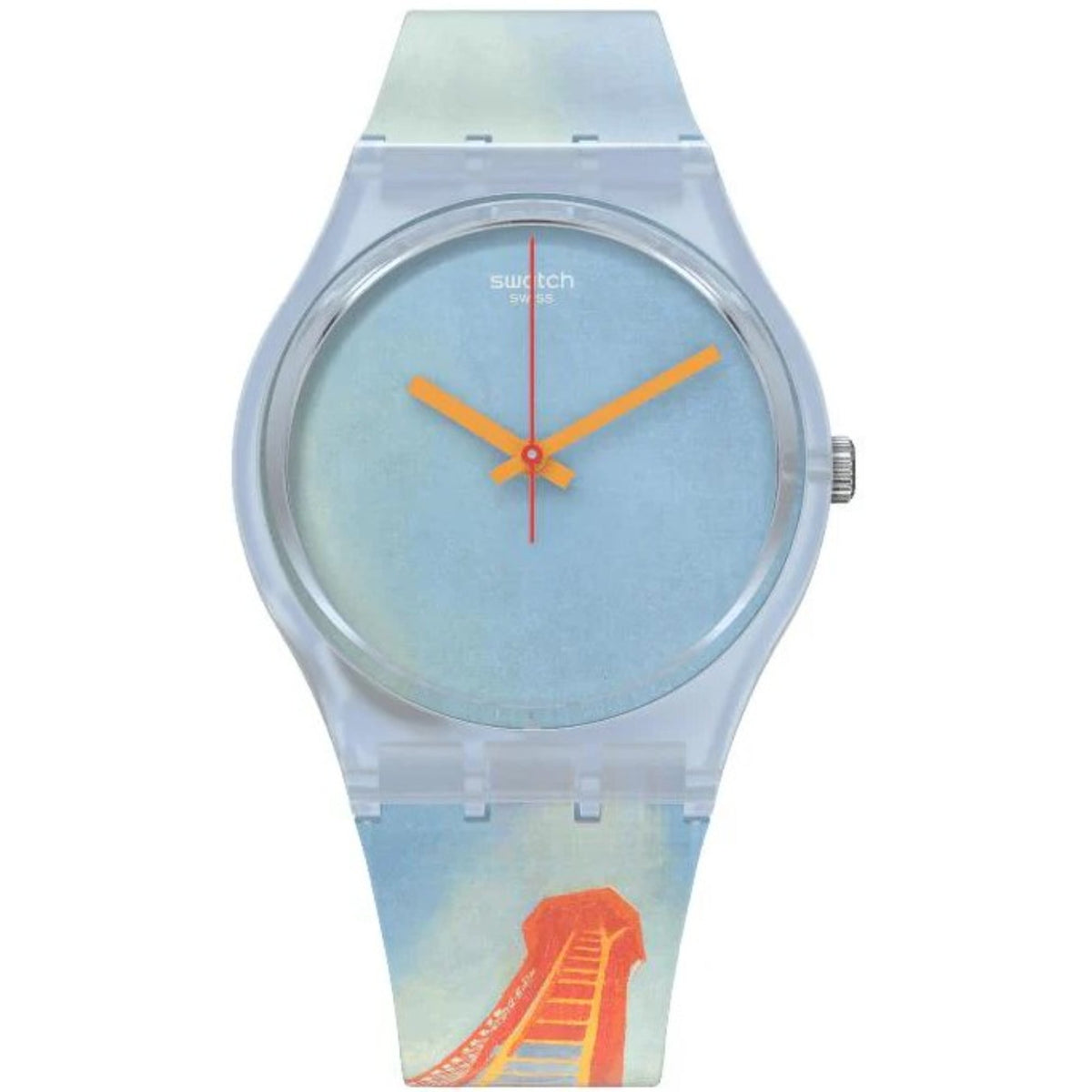 Light blue Swatch quartz wristwatch with orange hands and geometric dial, clear strap