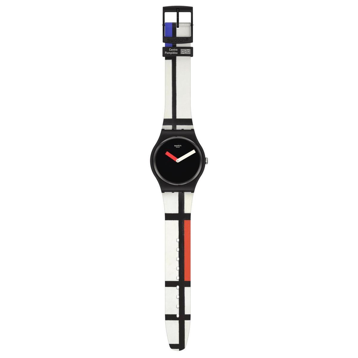 Quartz wristwatch with black dial and geometric black/white strap, shown from a side profile