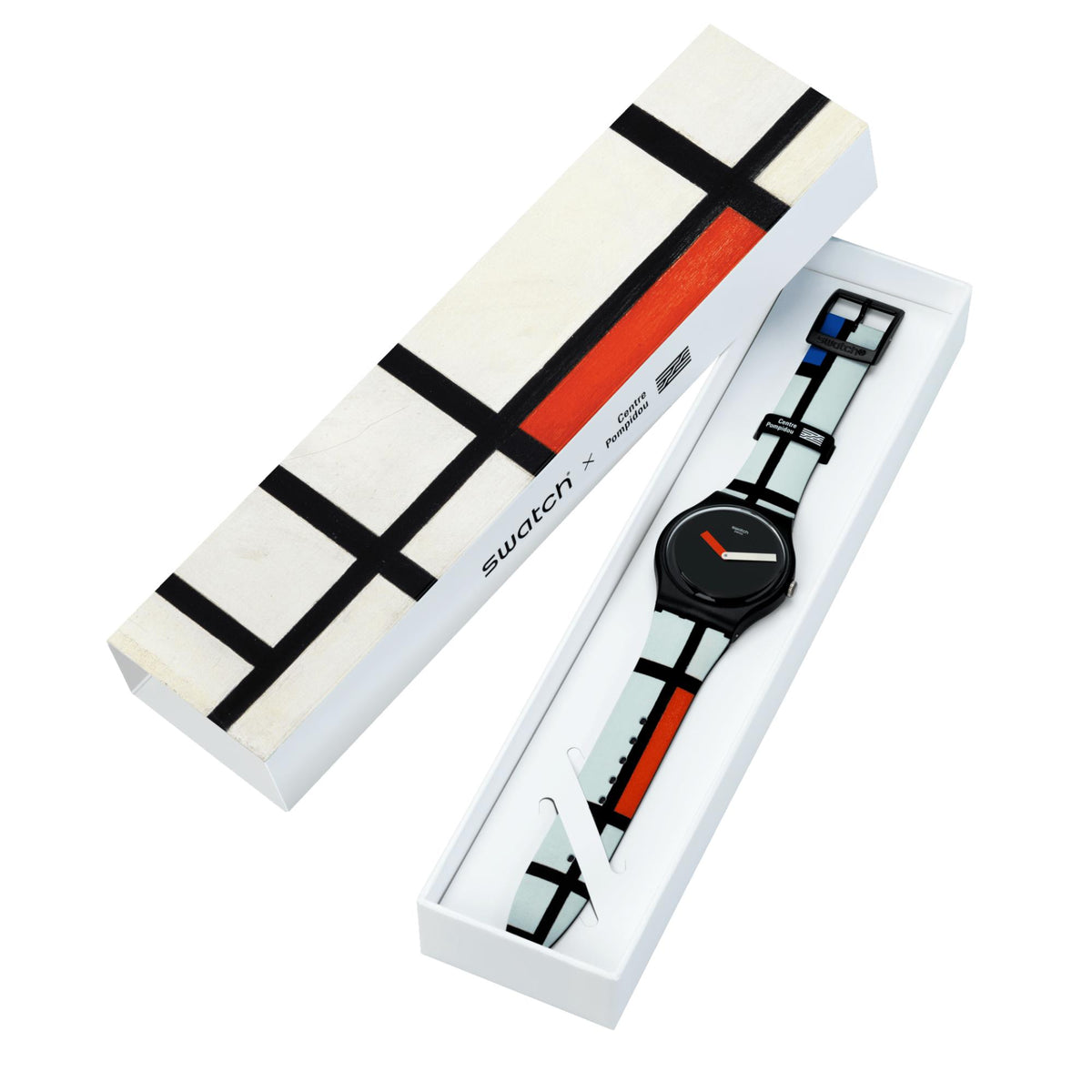 Quartz watch set in retail box with black dial, red/white hands, and geometric black/white strap