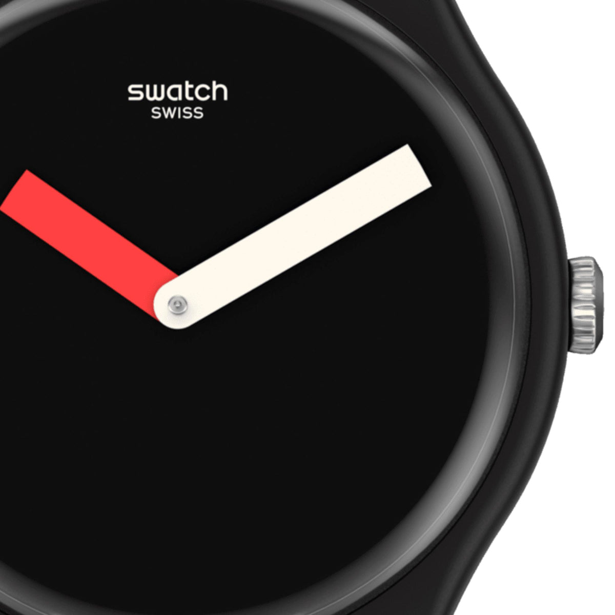 Close-up quartz watch dial with black face, red and white hands, and round black case
