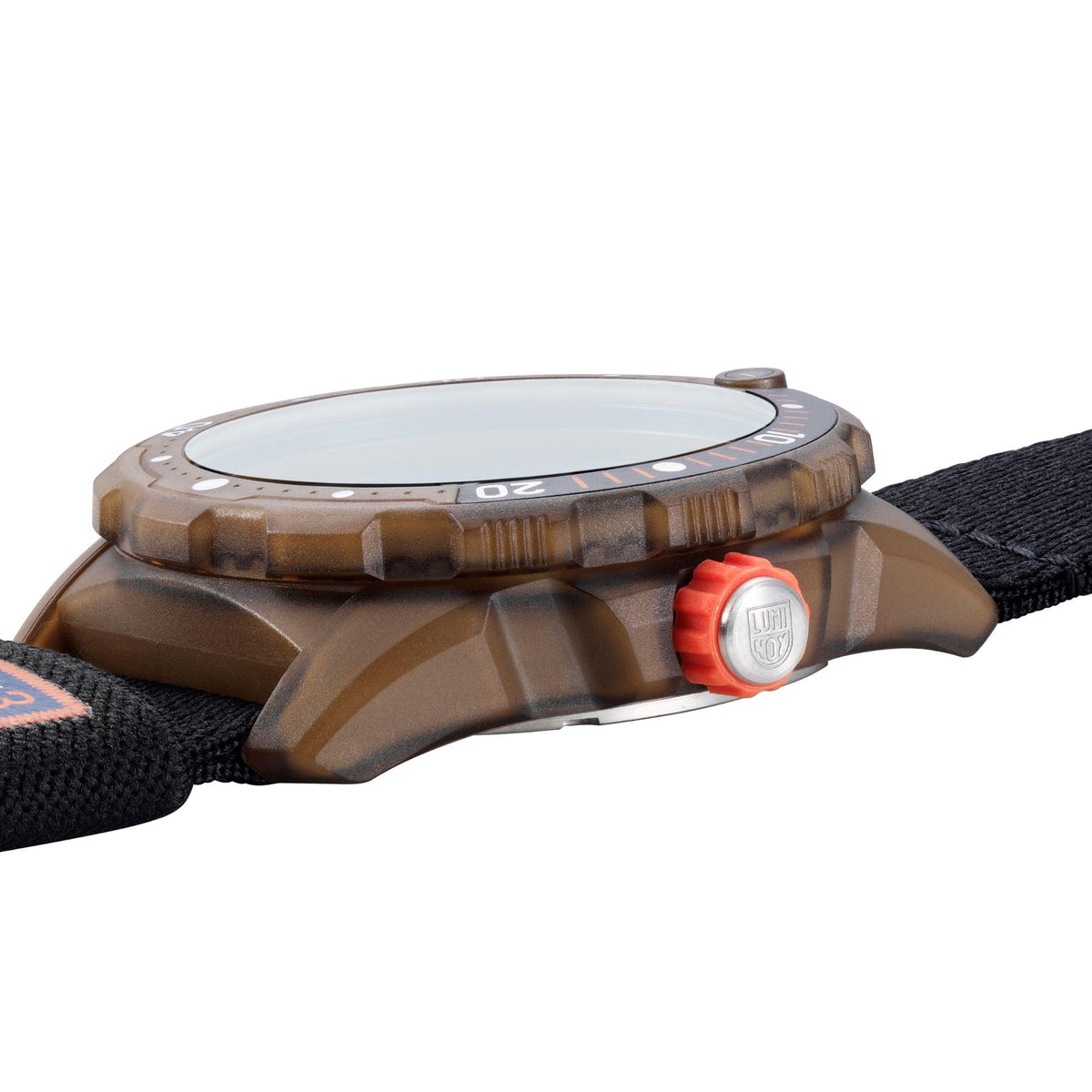 Men's dive watch side view with knurled tan case, orange crown and black strap
