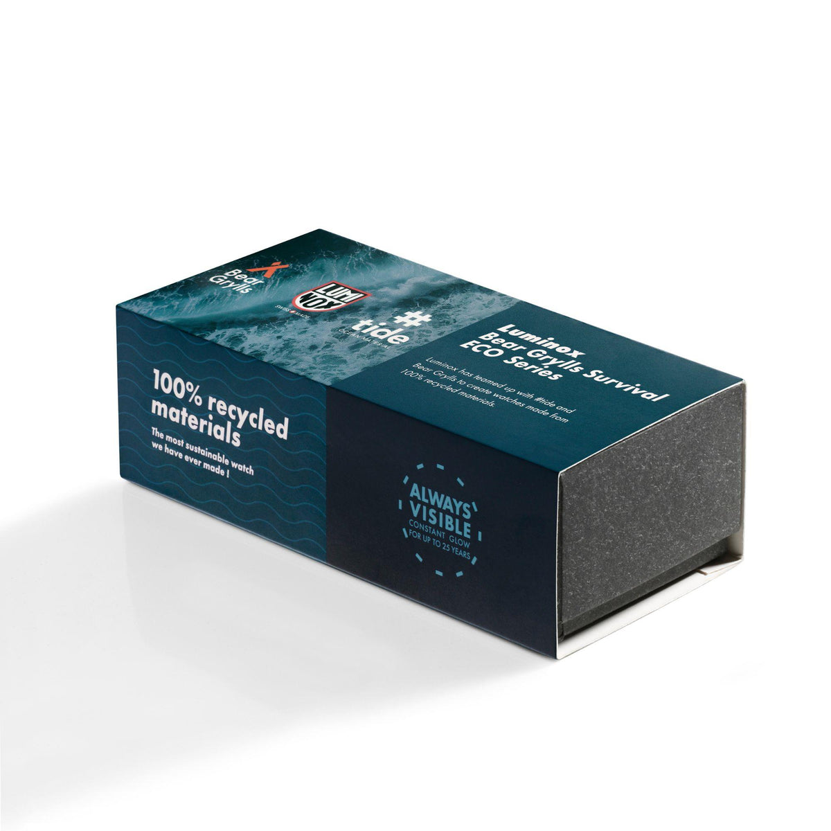 Luminox eco series watch box with dark blue recycled materials graphics