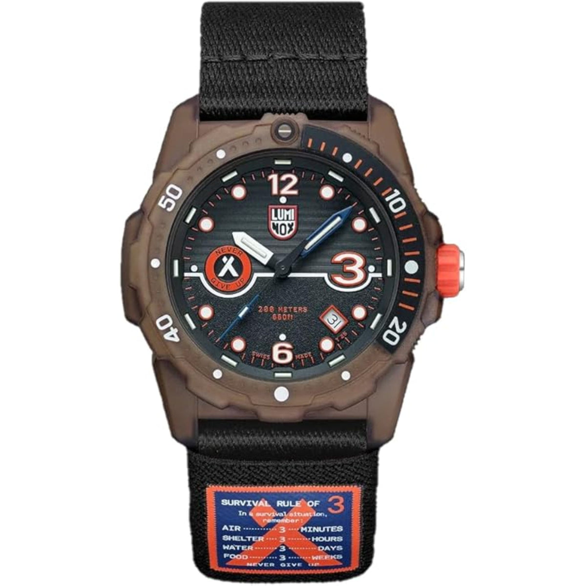 Men's black dial dive watch with rugged tan case and black fabric strap, orange crown