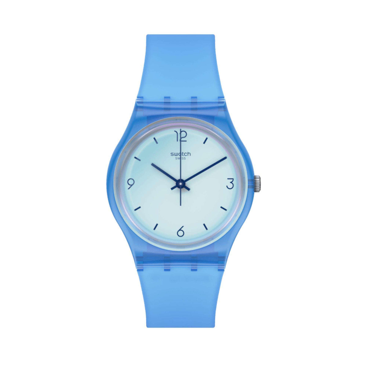 Blue transparent silicone wristwatch with round dial and stick hour markers