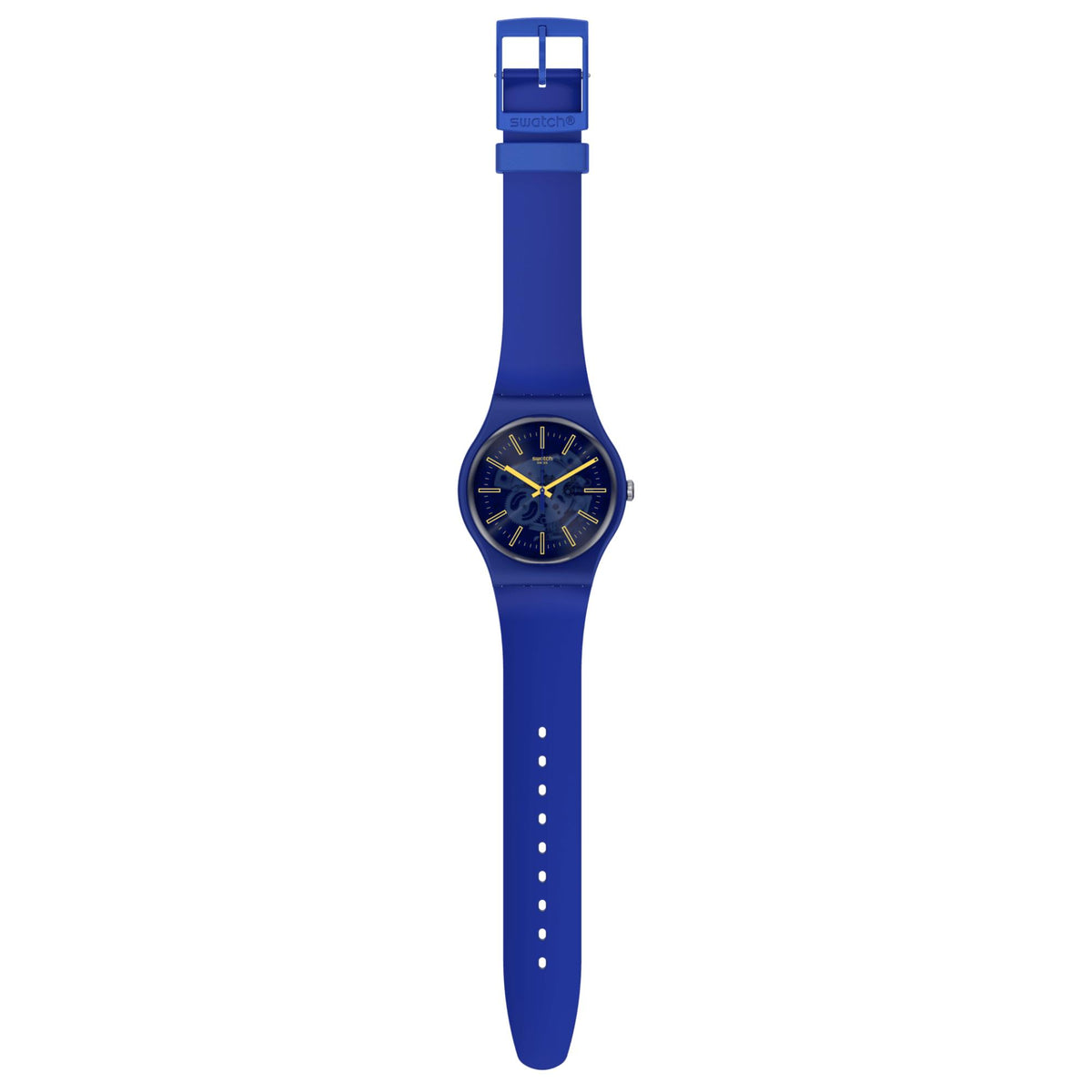Blue silicone watch on display, round blue dial with gold-tone markers and hands