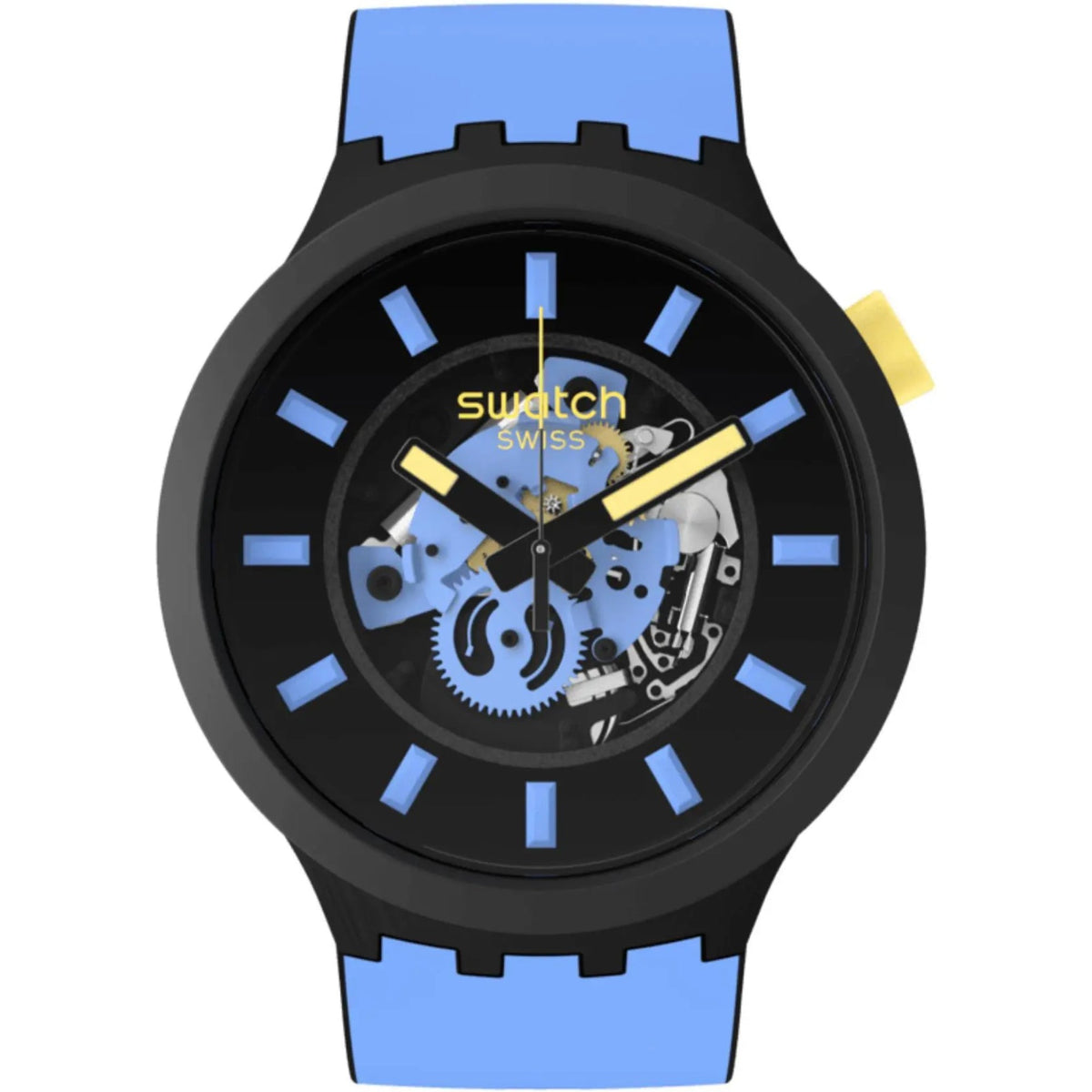 Close-up unisex skeleton wristwatch, blue silicone strap, black case, blue indices, gold hands