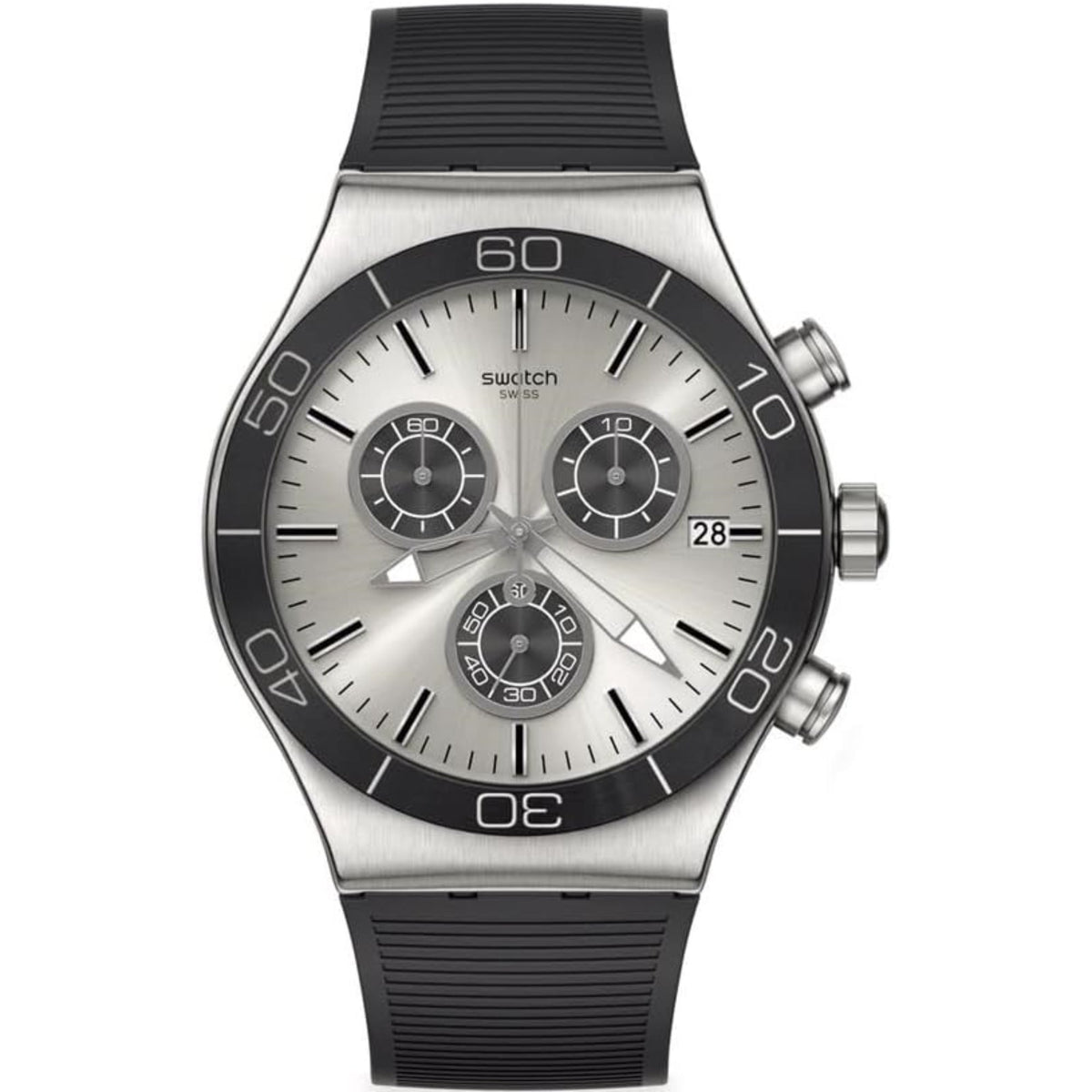 Men's quartz chronograph watch with silver dial, three subdials, and black silicone strap