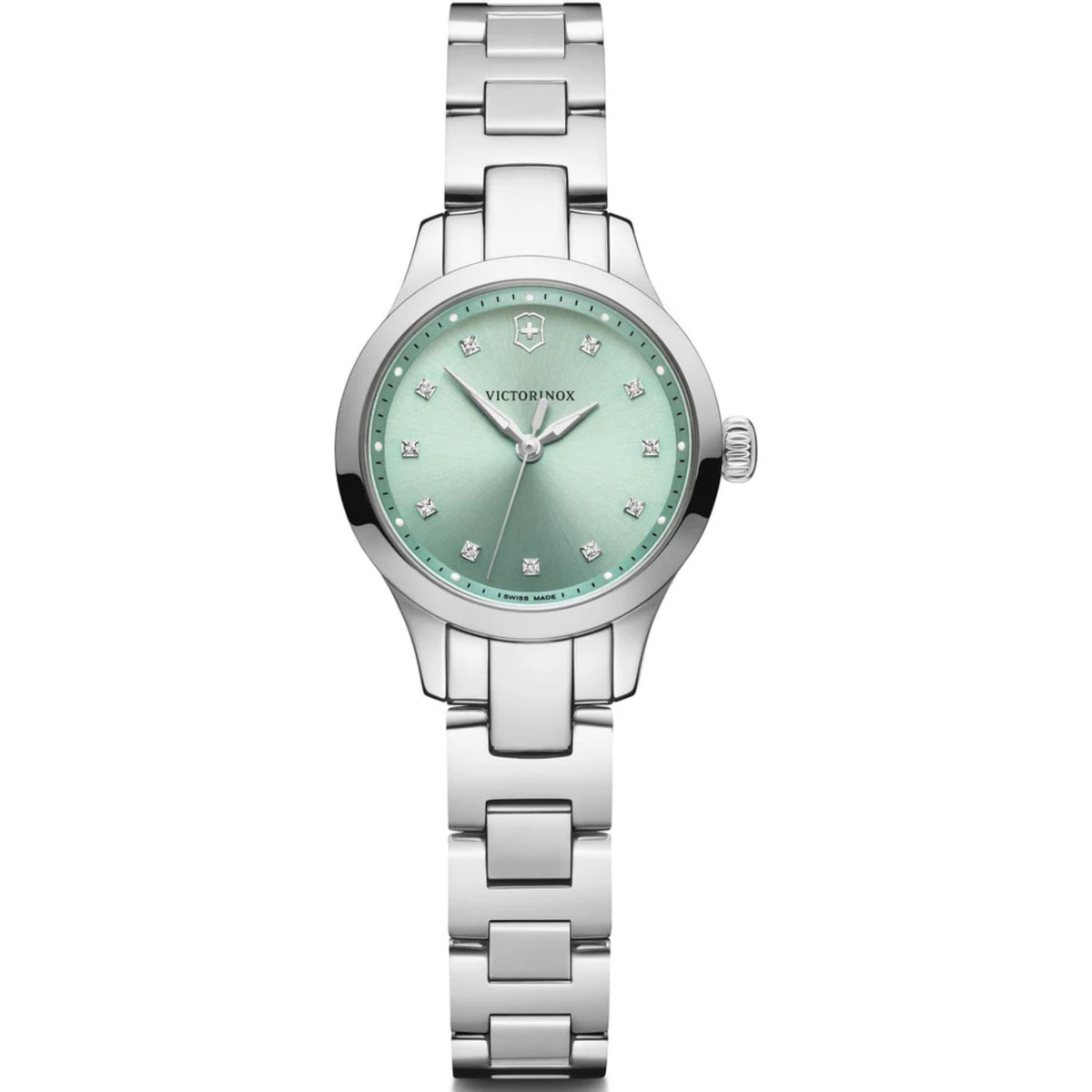 Victorinox Alliance steel watch featuring green dial with diamond markers and crown